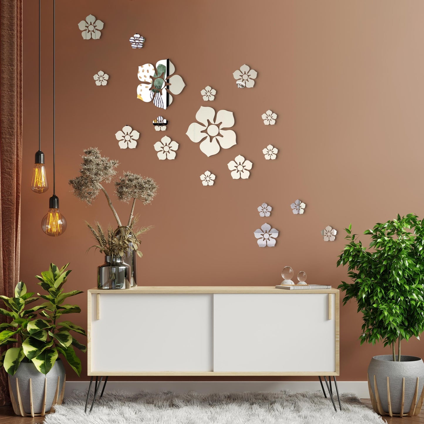 Flower Art 3D Mirror Wall Stickers Modern Ceramic