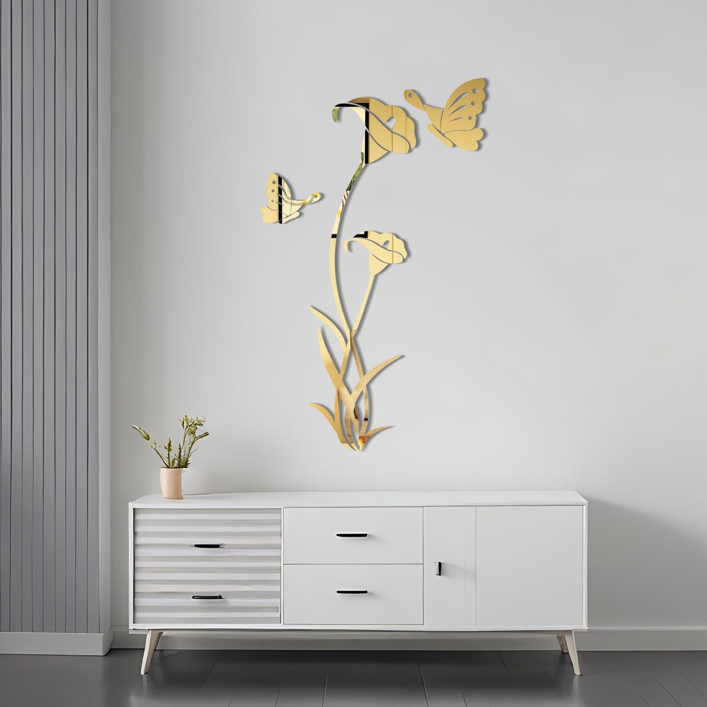 Golden Acrylic Lilly Flower & Butterfly Acrylic Mirror