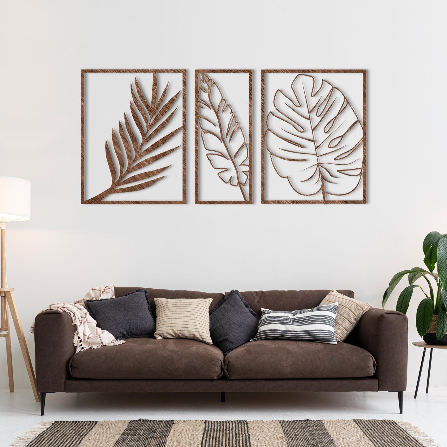 Leaves Wall Art / Set of 3 Panels with Monstera Leaf / Botanical Living Room Decor / Large Wood Wall Art