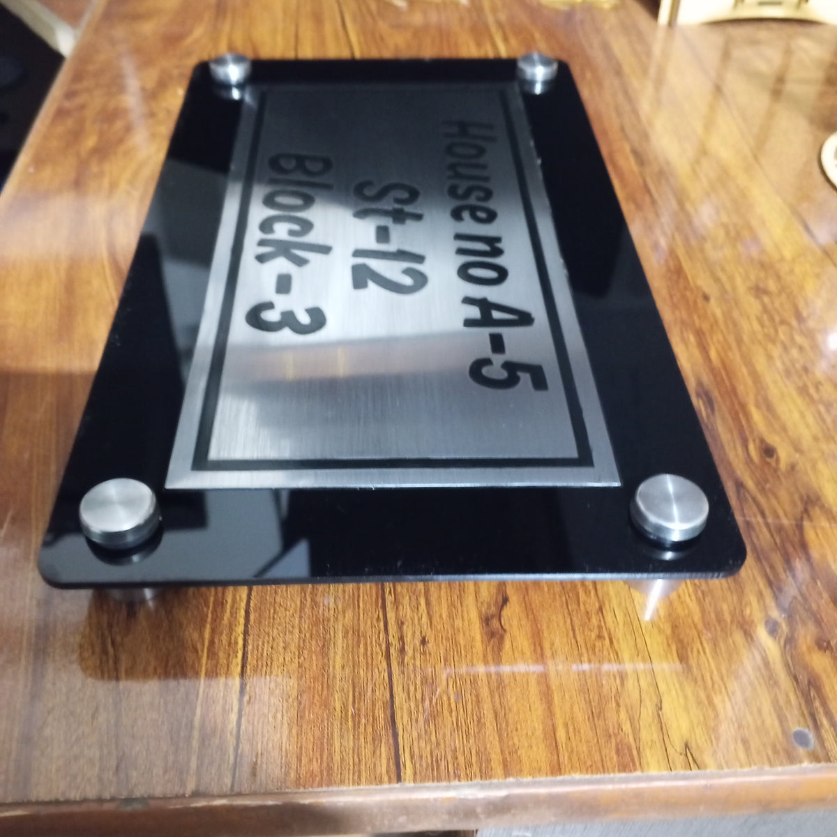Black Acrylic House Name Plate with SS Panel and Custom Address
