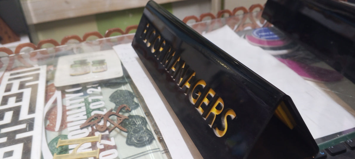 Acrylic Desk Name Plate Engraving view – Black & Yellow