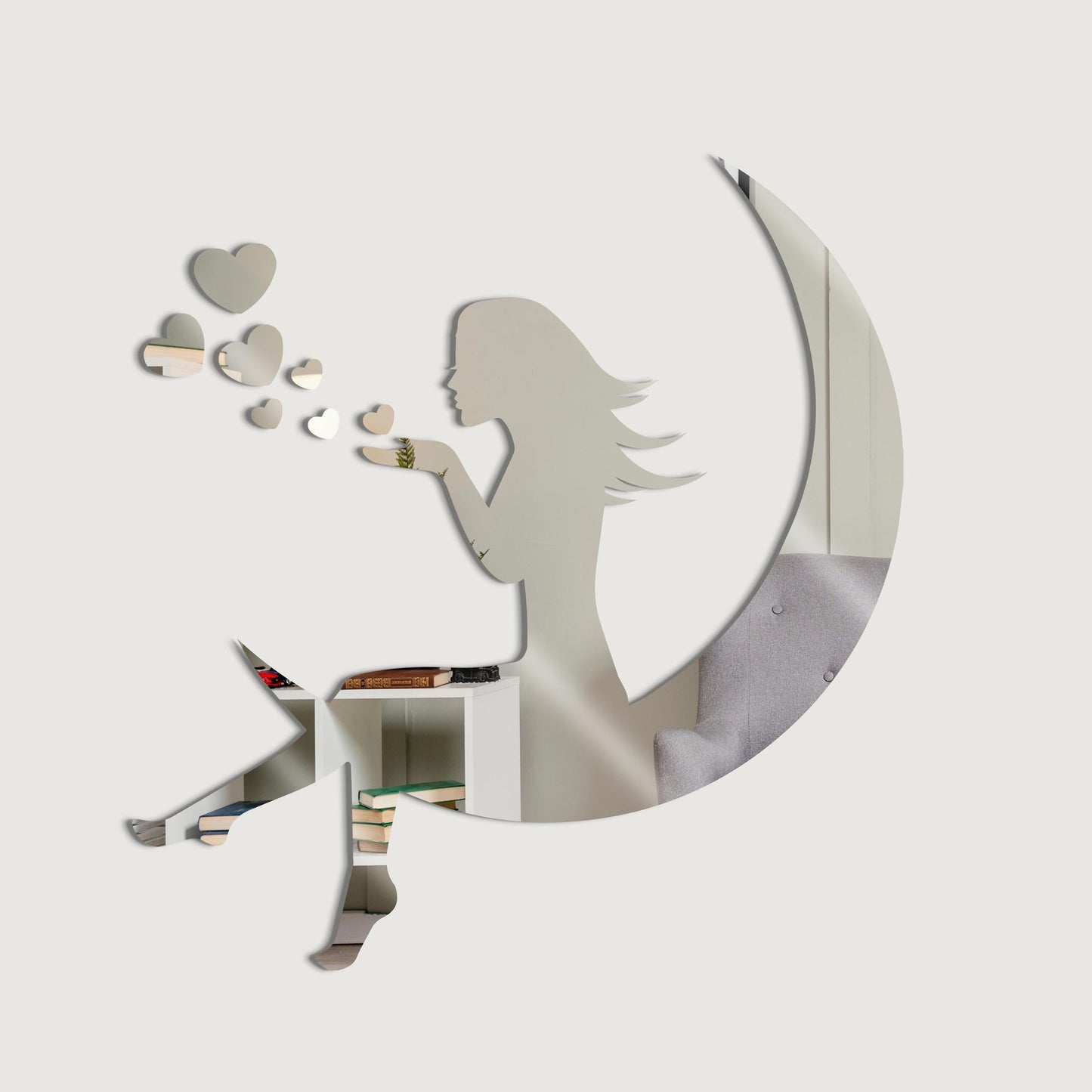 3D Girls Moon Mirror Wall Stickers