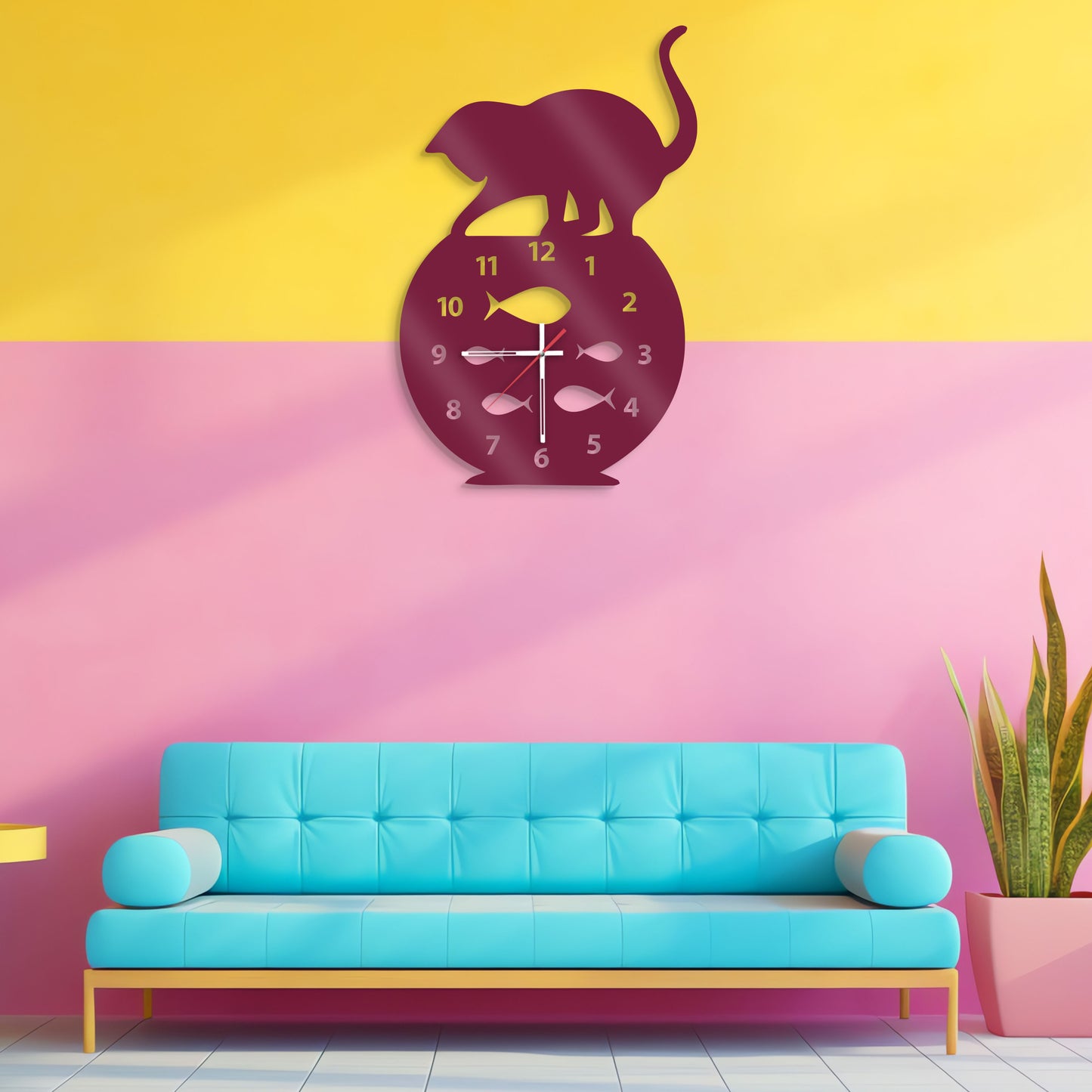 Cat and Fish Bowl Wall Clock - - Stylish Wall Clock for Home Decor