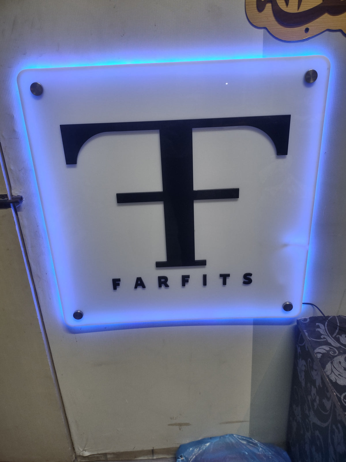 4mm White Acrylic Sign Board with 6mm Black 3D Acrylic Logo and Blue Neon Border