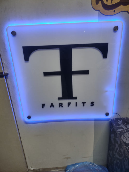 4mm White Acrylic Sign Board with 6mm Black 3D Acrylic Logo and Blue Neon Border
