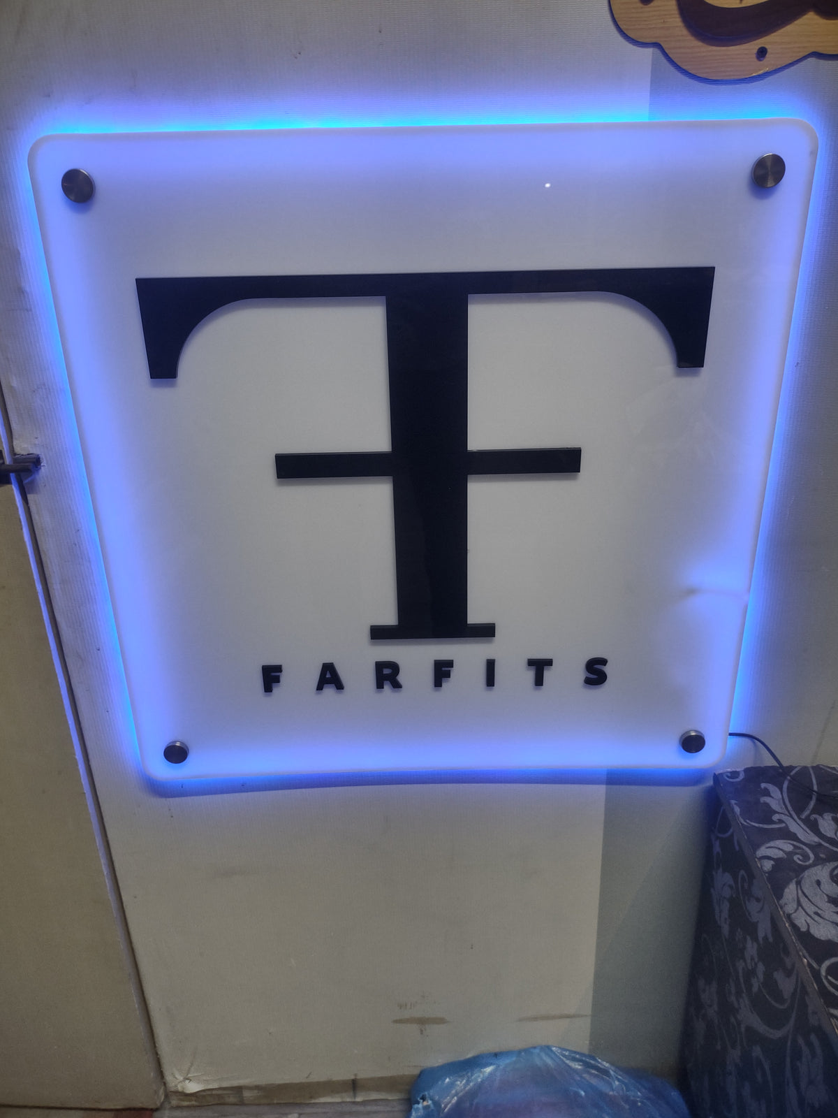 4mm White Acrylic Sign Board with 6mm Black 3D Acrylic Logo and Blue Neon Border