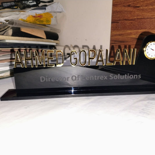 Acrylic Executive Desk Name Plate with Clock