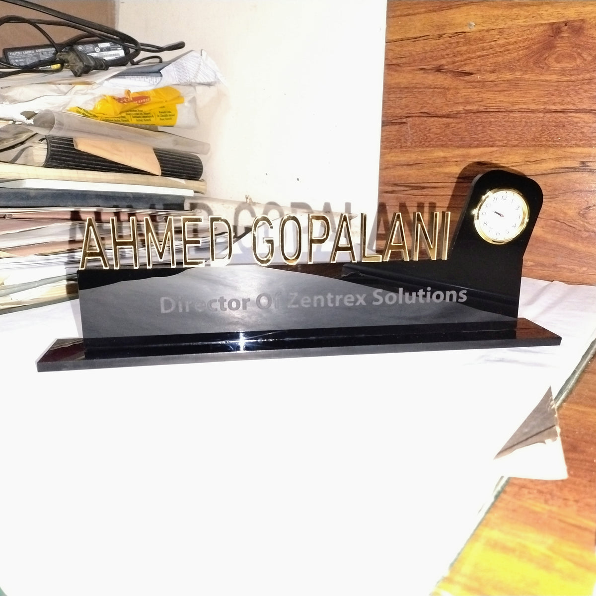 Acrylic Executive Desk Name Plate with Clock