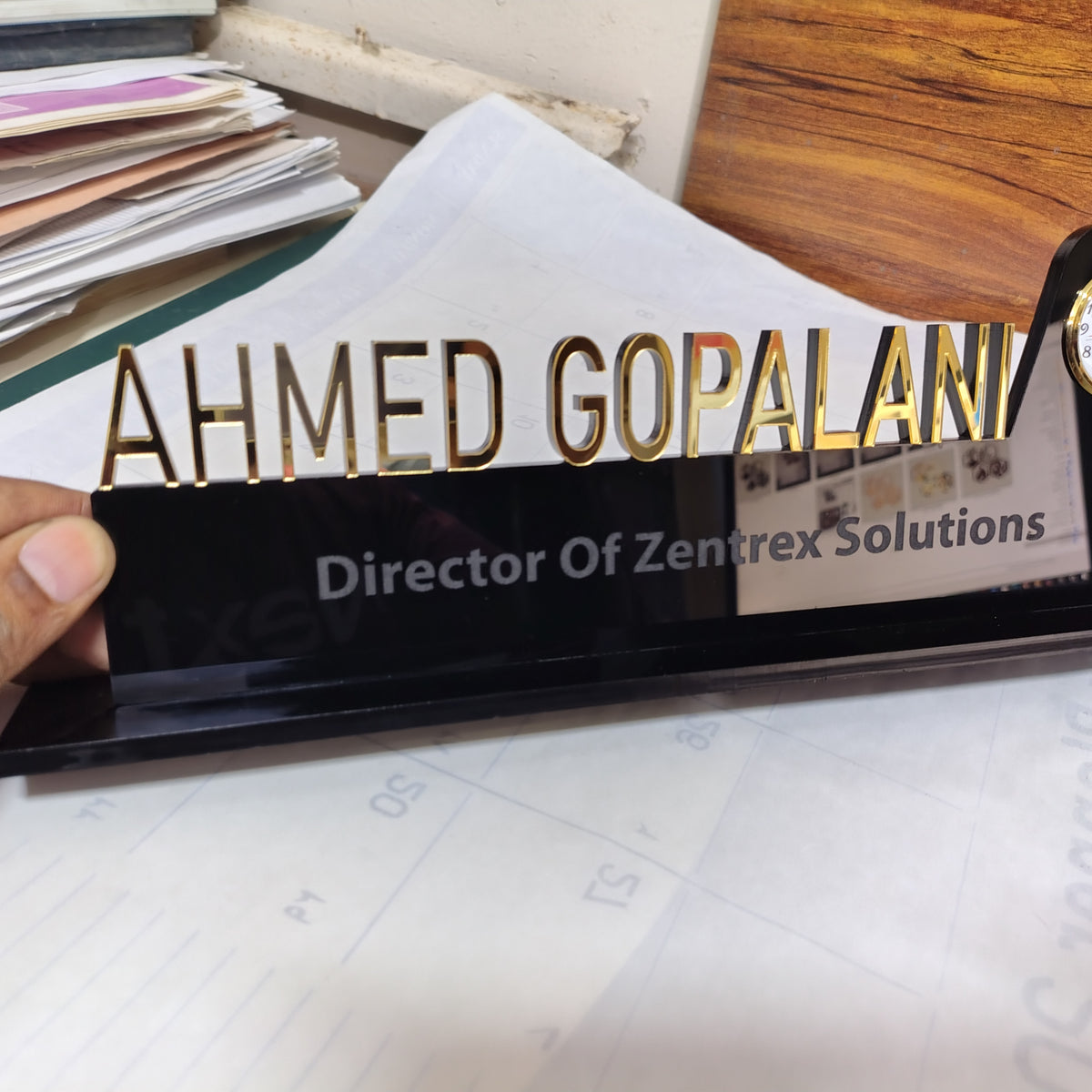 Acrylic Executive Desk Name Plate with Clock