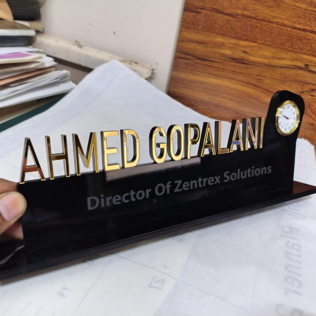 Acrylic Executive Desk Name Plate with Clock