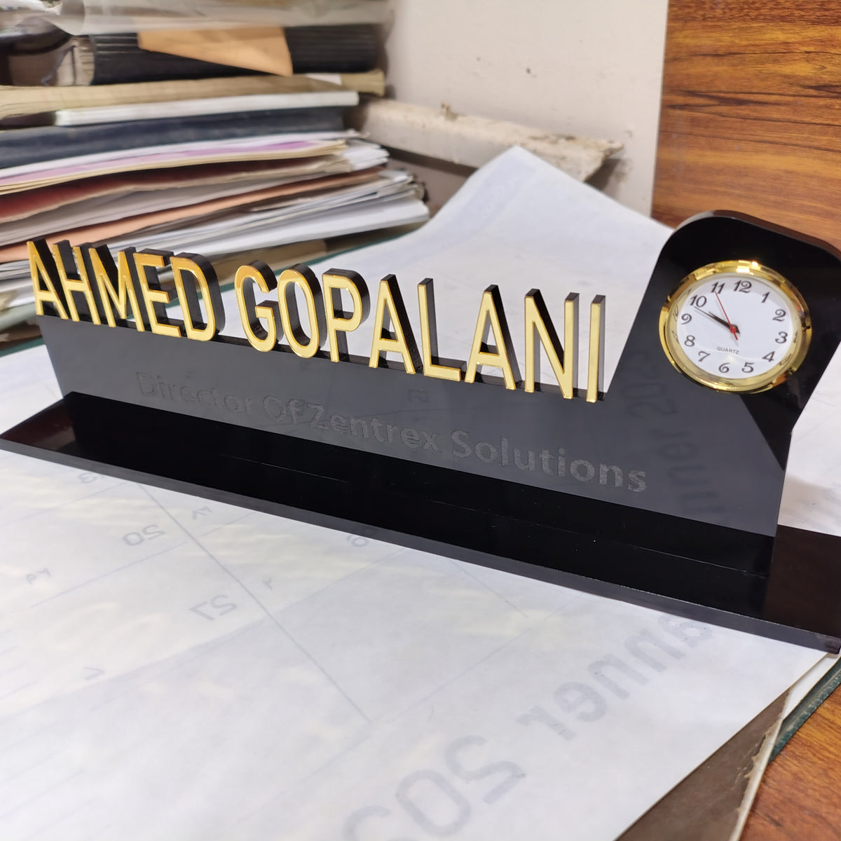 Acrylic Executive Desk Name Plate with Clock