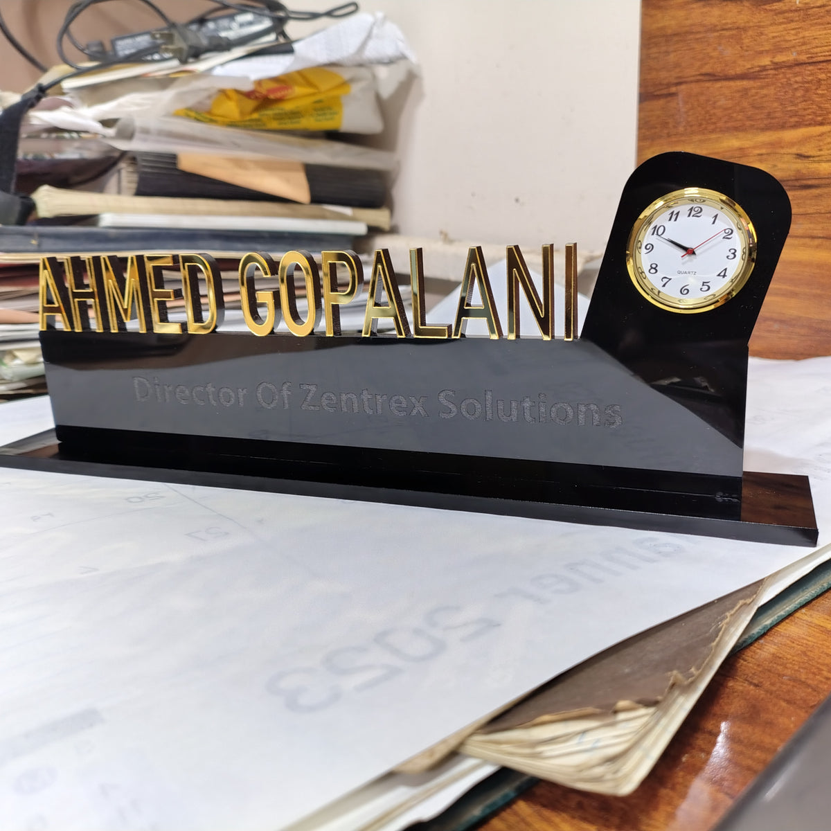 Acrylic Executive Desk Name Plate with Clock