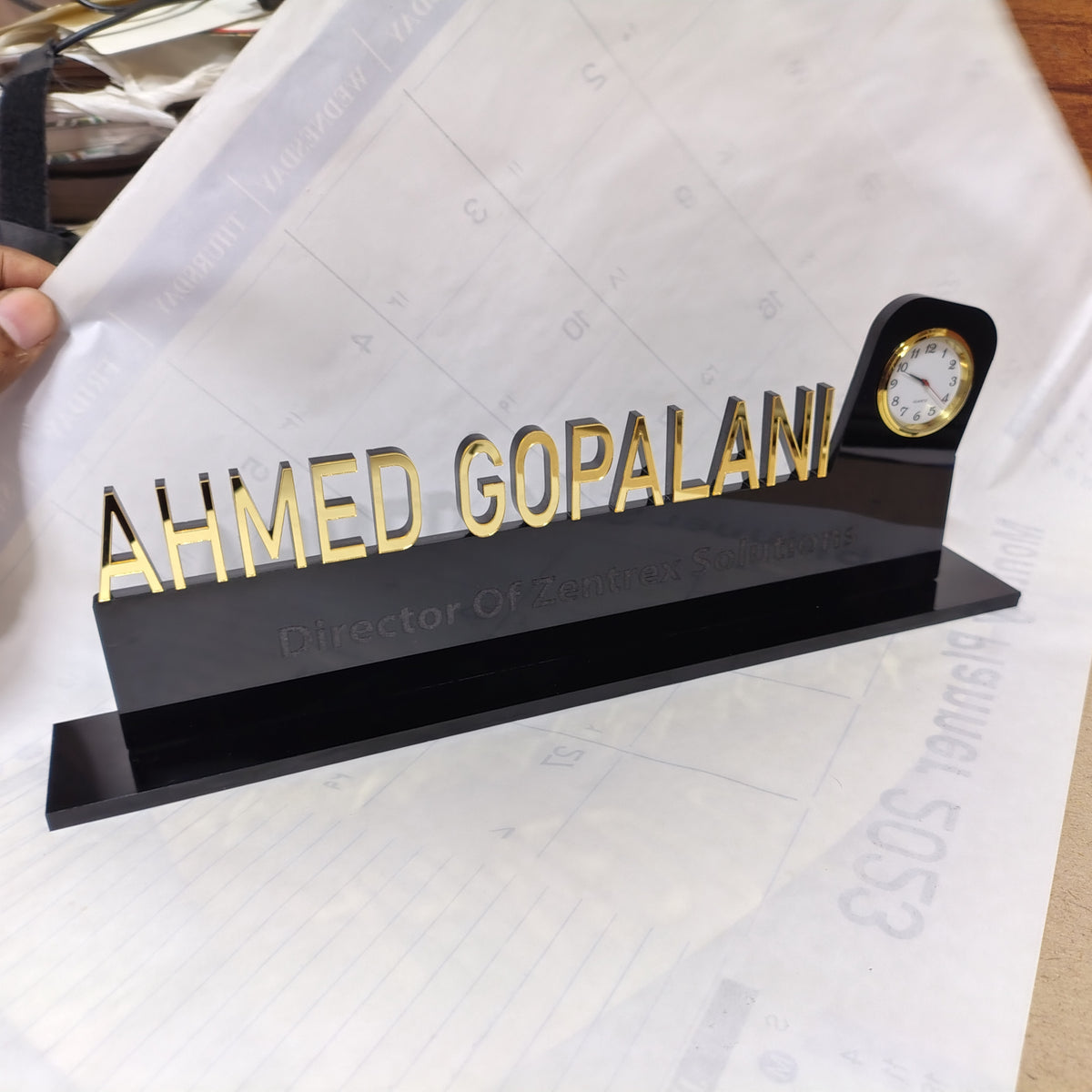 Acrylic Executive Desk Name Plate with Clock
