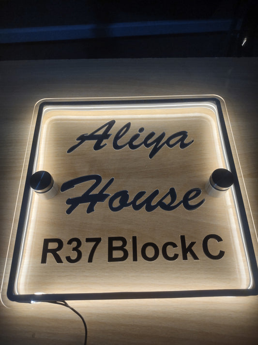 LED Neon Glow Acrylic Door Name Plate with Black 3D Letters - 12x12 Inch