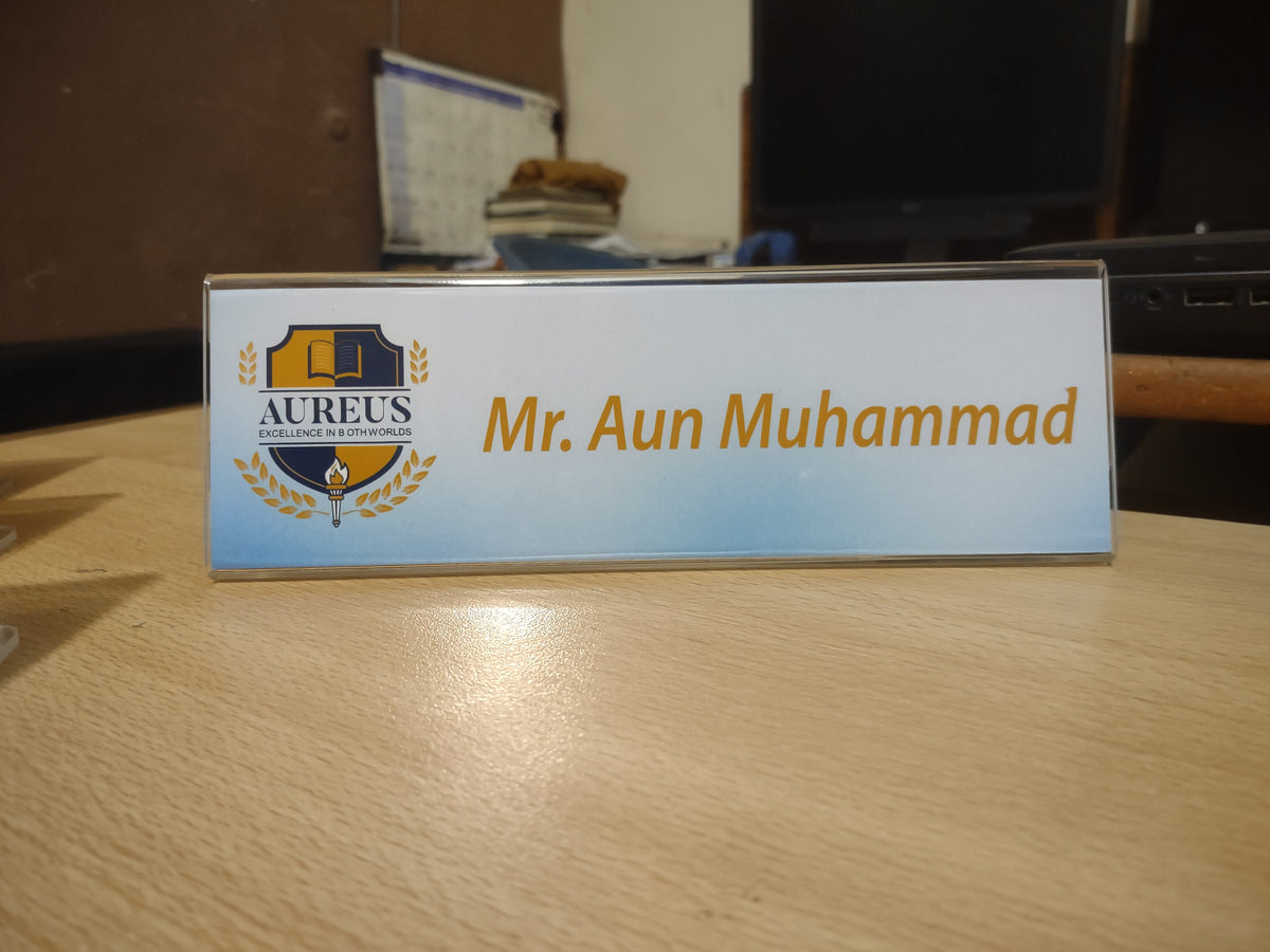 Custom acrylic table name plate with printed name and institutional logo