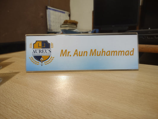 Custom acrylic table name plate with printed name and institutional logo