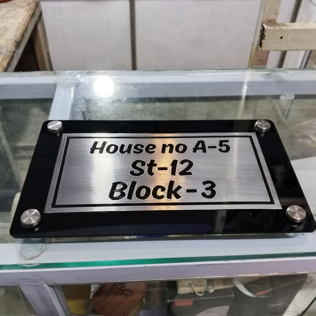 Black Acrylic House Name Plate with SS Panel and Custom Address