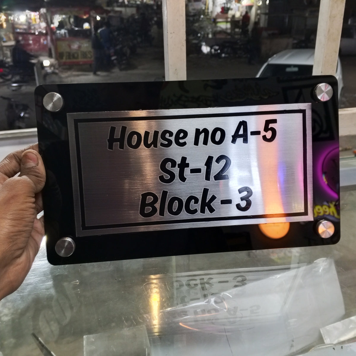 Black Acrylic House Name Plate with SS Panel and Custom Address