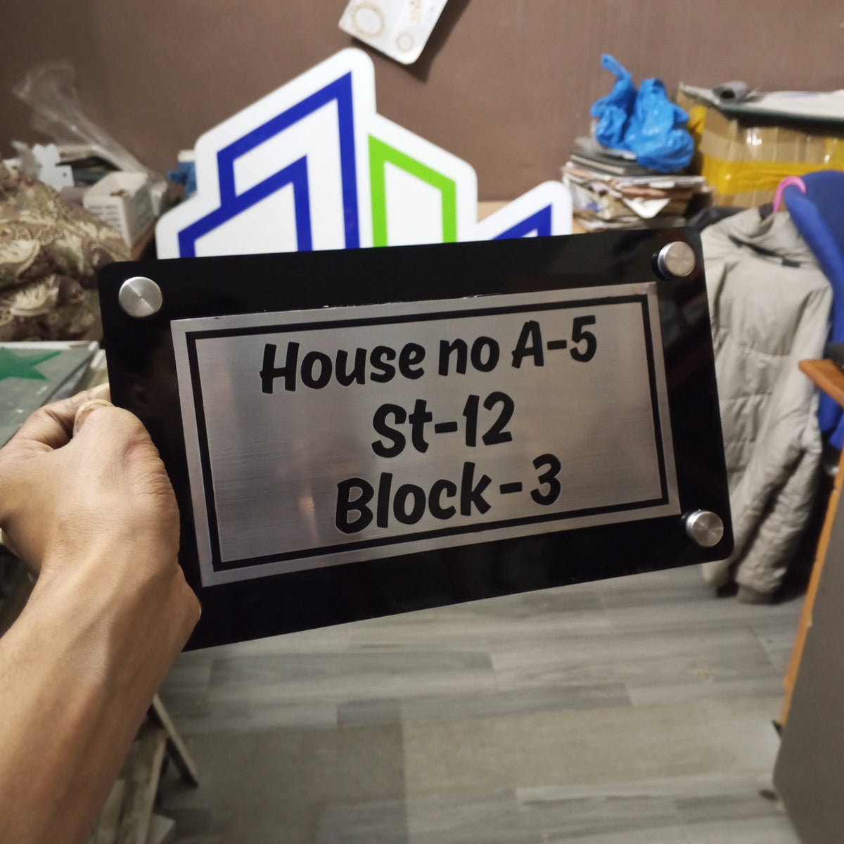 Black Acrylic House Name Plate with SS Panel and Custom Address
