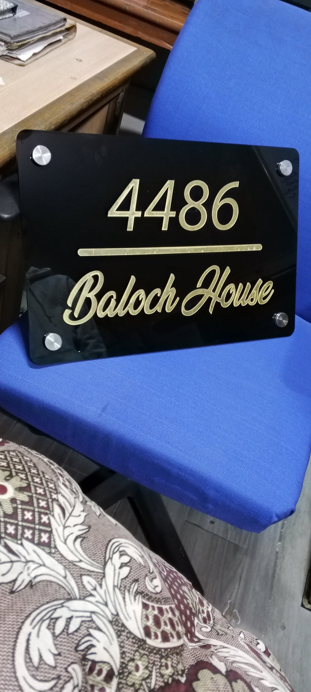 Custom Acrylic House Name Plate with Golden 3D Acrylic Letters